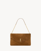 CASSANDRE XXL POUCH ON CHAIN IN SUEDE CARAMEL COGNAC