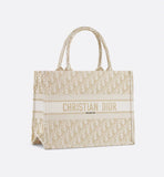 Medium Book Tote White and Gold-Tone Oblique Embroidery